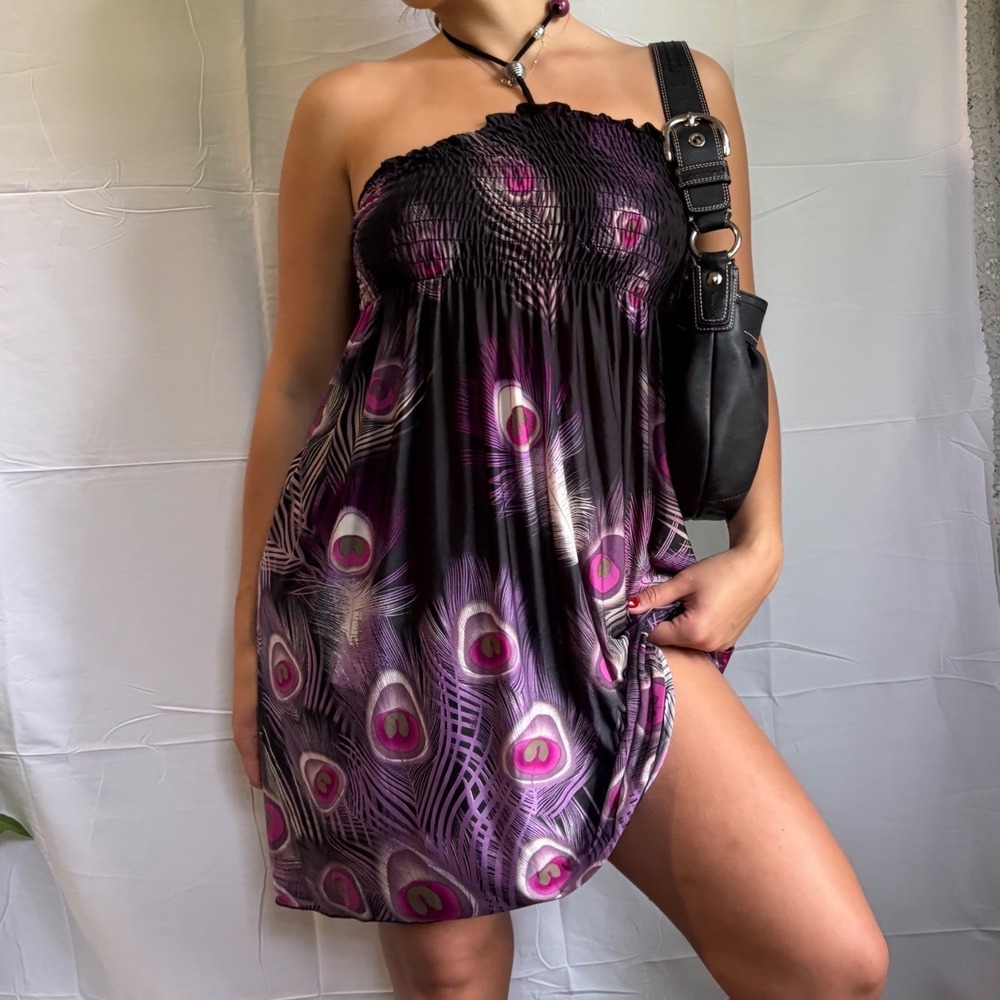 Y2K Club Fairy Festival Peacock Feather Smocked Halter Mini Dress Purple Black S